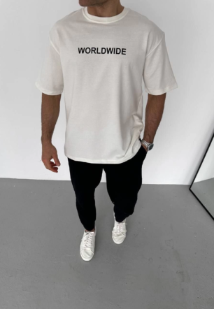 Erkek Baskılı T-Shirt Kısa Kol Bisiklet Yaka Regular Fit Rahat Kalıp Günlük Tişört - Beyaz