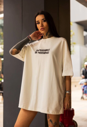 Kadın Bisiklet Yaka Baskılı Oversize Kısa kol T-Shirt - Beyaz
