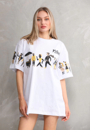 kadın  Bisiklet Yaka Baskılı Oversize T-Shirt - Beyaz