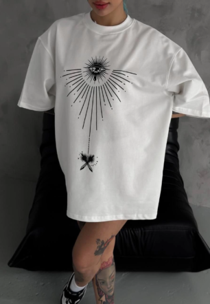 kadın Bisiklet Yaka Baskılı Oversize  Kısa kol T-Shirt - Beyaz