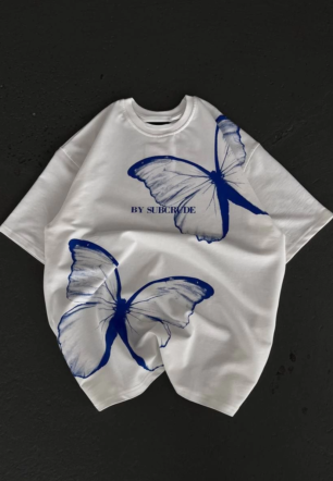 kadın  Bisiklet Yaka Baskılı Oversize T-Shirt - Beyaz