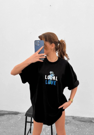kadın Bisiklet Yaka Baskılı Kısa kol Oversize T-Shirt - Siyah