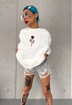 kadın Bisiklet Yaka Baskılı Oversize Kısa kol  T-Shirt - Beyaz