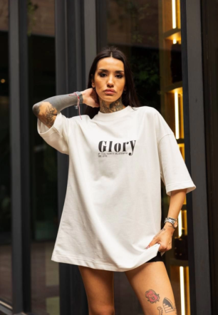 kadın Bisiklet Yaka Baskılı Oversize Kısa kol T-Shirt - Beyaz