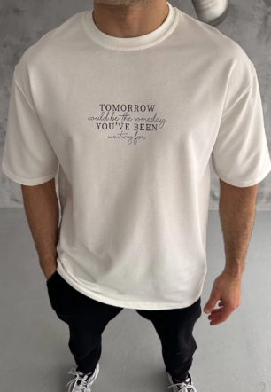 Erkek Baskılı T-Shirt Kısa Kol Bisiklet Yaka Regular Fit Rahat Kalıp Günlük Tişört - Beyaz