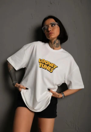 kadın Bisiklet Yaka Baskılı Oversize Kısa kol  T-Shirt - Beyaz