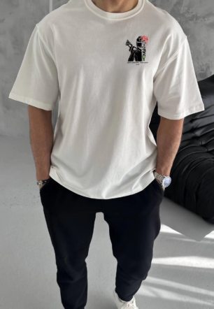 Erkek  Bisiklet Yaka Baskılı Oversize T-Shirt - Beyaz