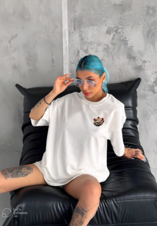 Kadın Baskılı T-Shirt Kısa Kol Bisiklet Yaka Oversize Rahat Kalıp Günlük Tişört   - Beyaz