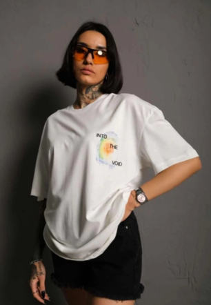 kadın Bisiklet Yaka Baskılı Oversize Kısa kol  T-Shirt - Beyaz