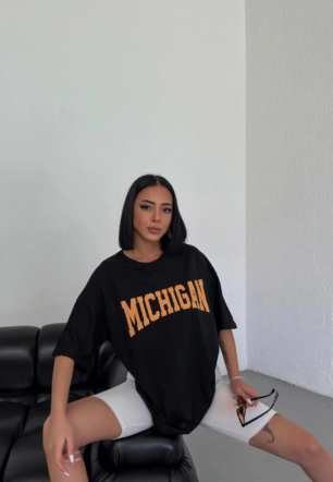 Kadın Baskılı T-Shirt Kısa Kol Bisiklet Yaka  Ovarsize Rahat Kalıp Günlük Tişört  - Siyah