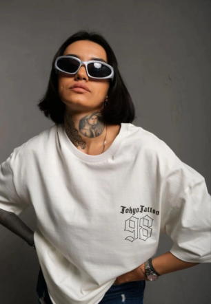 kadın Bisiklet Yaka Baskılı Oversize Kısa kol  T-Shirt - Beyaz