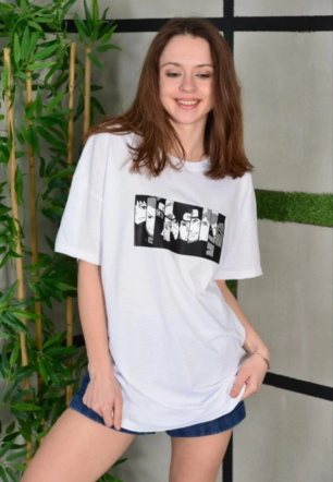 Kadın Bisiklet Yaka Baskılı  Kısa kol Oversize T-Shirt - Beyaz