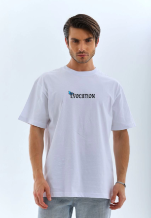 Erkek  Bisiklet Yaka Kelebek Baskılı Oversize T-Shirt - Beyaz