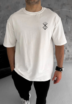 Erkek  Bisiklet Yaka Baskılı Oversize T-Shirt - Beyaz