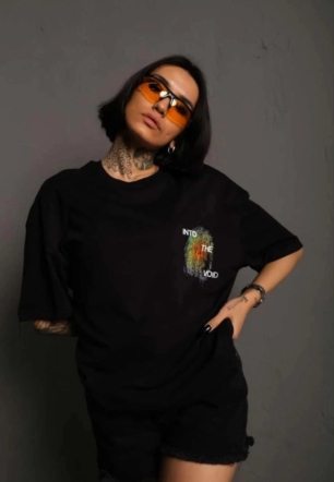 kadın Bisiklet Yaka Baskılı Oversize Kısa kol  T-Shirt - Siyah