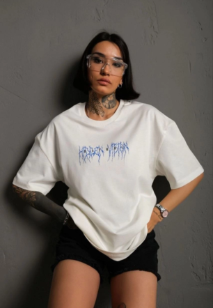 kadın Bisiklet Yaka Baskılı Oversize Kısa kol  T-Shirt - Beyaz