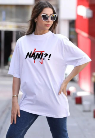 Kadın Baskılı T-Shirt Kısa Kol Bisiklet Yaka  Ovarsize Rahat Kalıp Günlük Tişört  - Beyaz