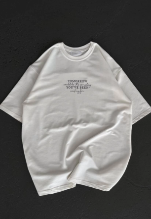 Kadın Baskılı T-Shirt Kısa Kol Bisiklet Yaka Oversize Rahat Kalıp Günlük Tişört   - Beyaz