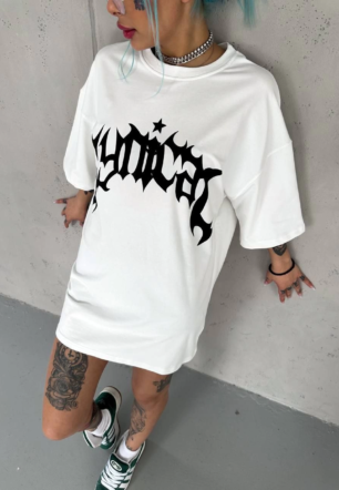 kadın Bisiklet Yaka Baskılı Oversize  Kısa kol T-Shirt - Beyaz