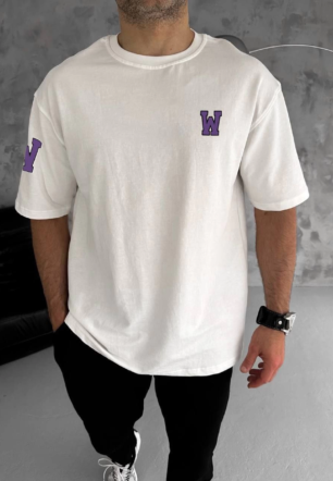 Erkek  Bisiklet Yaka Baskılı Oversize T-Shirt - Beyaz