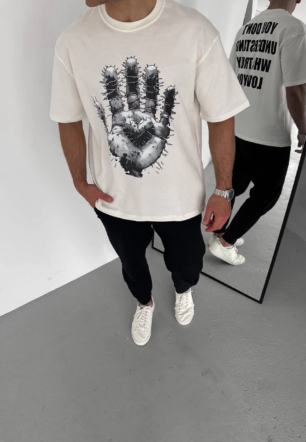 Erkek Baskılı T-Shirt Kısa Kol Bisiklet Yaka Regular Fit Rahat Kalıp Günlük Tişört - Beyaz