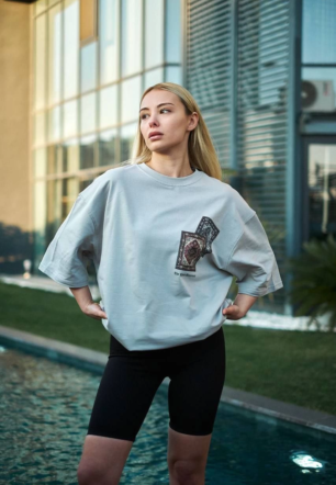 kadın Bisiklet Yaka Baskılı Kısa kol Oversize T-Shirt - Boyalı Gri