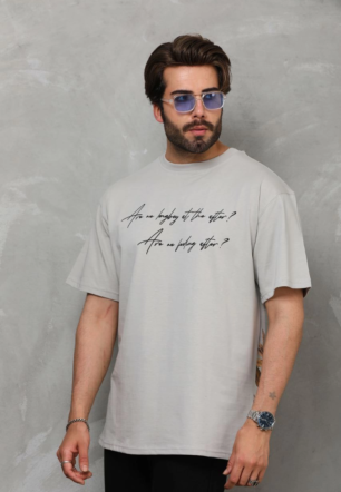 Erkek  Bisiklet Yaka Baskılı Oversize T-Shirt - Gri