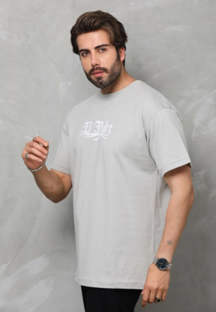 Erkek  Bisiklet Yaka Baskılı Oversize T-Shirt - Gri