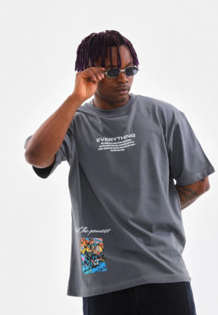 Erkek  Bisiklet Yaka Baskılı Oversize T-Shirt - Gri