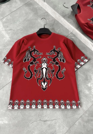 Erkek  Kısa kol Bisiklet Yaka Baskılı Oversize T-Shirt - Kırmızı