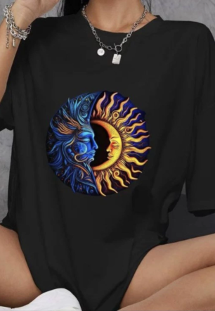 Kadın Baskılı T-Shirt Kısa Kol Bisiklet Yaka Oversize Rahat Kalıp Günlük Tişört   - Siyah