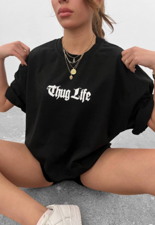 Kadın Bisiklet Yaka Baskılı Oversize  Kısa kol T-Shirt - Siyah