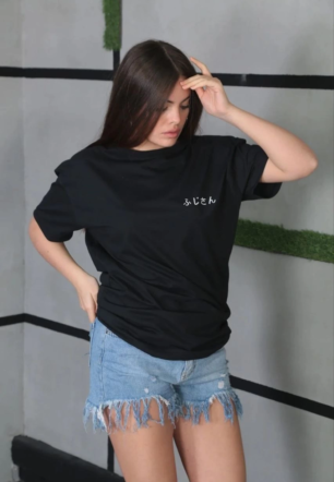 Kadın Bisiklet Yaka Baskılı Kısa kol  Oversize T-Shirt - Siyah