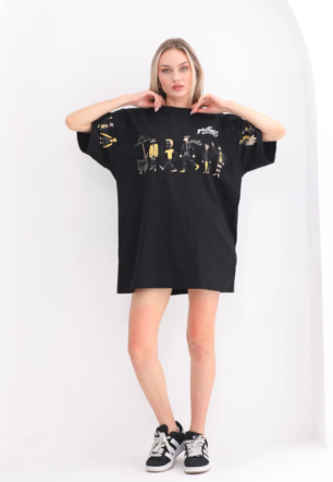 kadın  Bisiklet Yaka Baskılı Oversize T-Shirt - Siyah