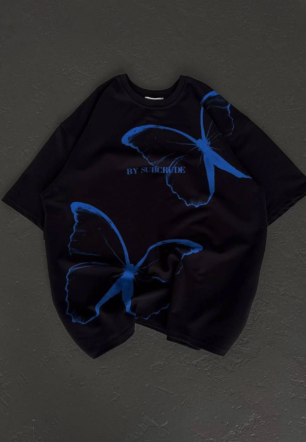 kadın Bisiklet Yaka Baskılı Oversize T-Shirt - Siyah