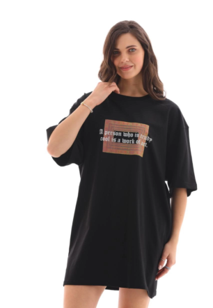 Kadın Bisiklet Yaka Baskılı Oversize T-Shirt - Siyah