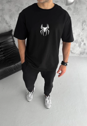 ERKEK  Bisiklet Yaka ön ve sırt örümcek Baskılı Oversize T-Shirt - Siyah