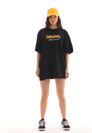 kadın  Bisiklet Yaka Baskılı Oversize T-Shirt - Siyah