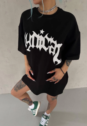 kadın Bisiklet Yaka Baskılı Oversize Kısa kol  T-Shirt - Siyah