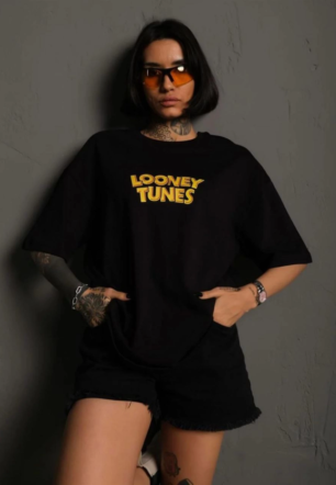 kadın Bisiklet Yaka Baskılı Oversize Kısa kol T-Shirt - Siyah