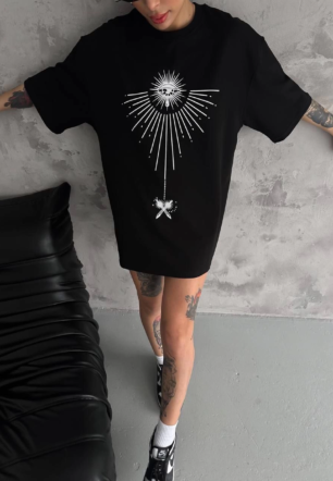 kadın Bisiklet Yaka Baskılı Oversize Kısa kol T-Shirt - Siyah