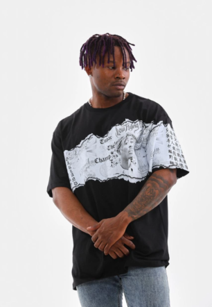 Erkek  Bisiklet Yaka Baskılı Oversize T-Shirt - Siyah