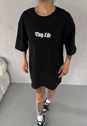 kadın Bisiklet Yaka Baskılı Oversize T-Shirt - Siyah
