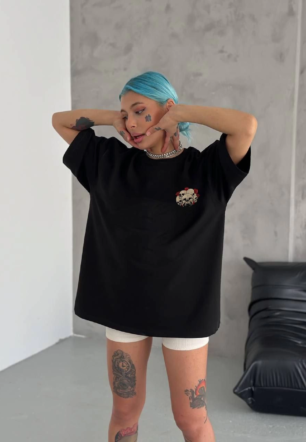 Kadın Baskılı T-Shirt Kısa Kol Bisiklet Yaka Oversize Rahat Kalıp Günlük Tişört   - Siyah