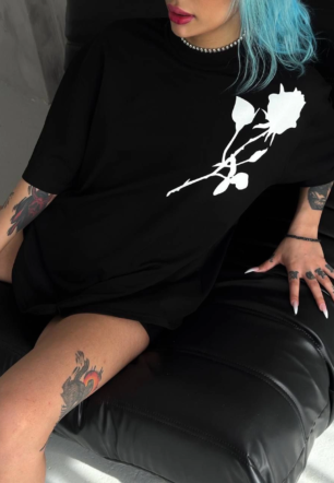 kadın Bisiklet Yaka Baskılı Oversize  Kısa kol T-Shirt - Siyah