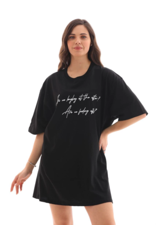 kadın  Bisiklet Yaka Baskılı Oversize T-Shirt - Siyah