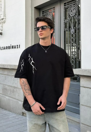 Erkek Baskılı T-Shirt Kısa Kol Bisiklet Yaka Regular Fit Rahat Kalıp Günlük Tişört - Siyah