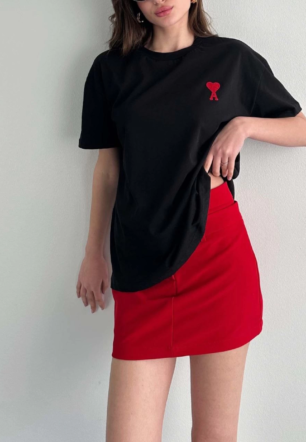 kadın Bisiklet Yaka Baskılı Oversize  Kısa Kol T-Shirt - Siyah