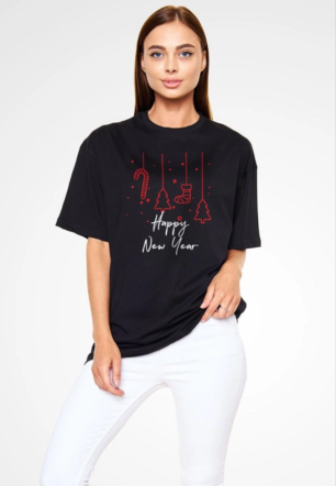 kadın Bisiklet Yaka  Kısa kol Baskılı Oversize T-Shirt - Siyah