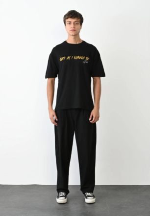 Erkek Baskılı T-Shirt Kısa Kol Bisiklet Yaka Regular Fit Rahat Kalıp Günlük Tişört - Siyah